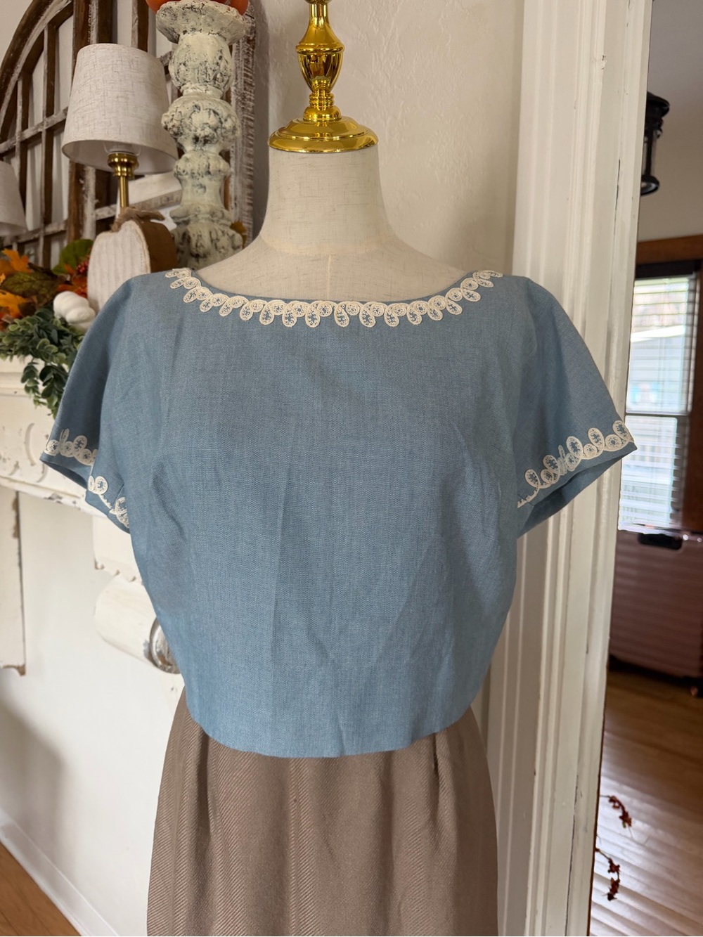 Vintage Light Blue Scoop Neck Embroidered Womenโs Top
